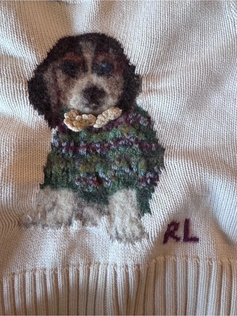 Ralph Lauren Cream Knit Sweater with Embroidered Puppy